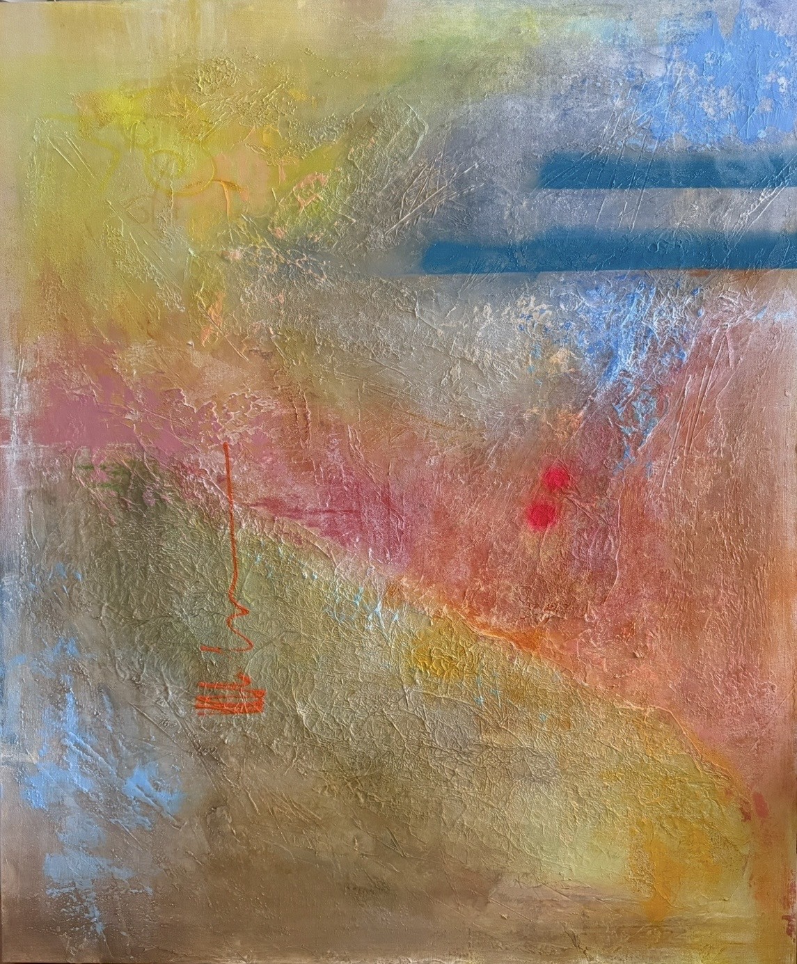 Gemälde »After the Noise« von Crissi Honrath, Mischtechnik (Acryl, Ölpastell und Eierschale) auf Leinwand, 100 × 120 cm